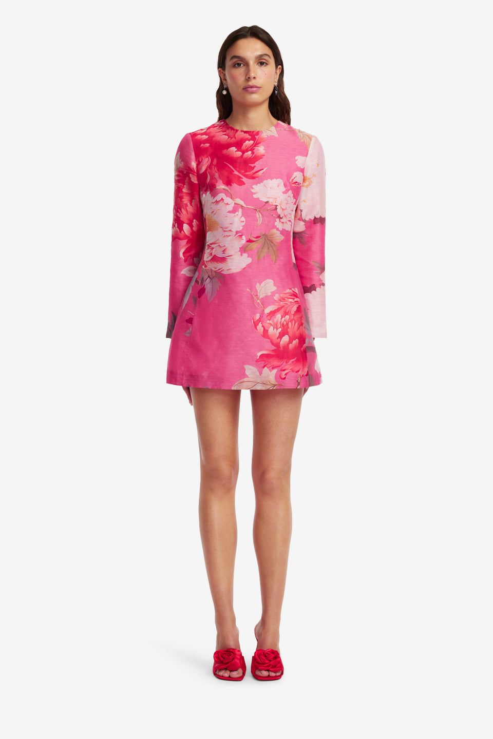 Exclusive LEO LIN Aliza Long Sleeve Mini Dress - Peony Print in Fuchsia