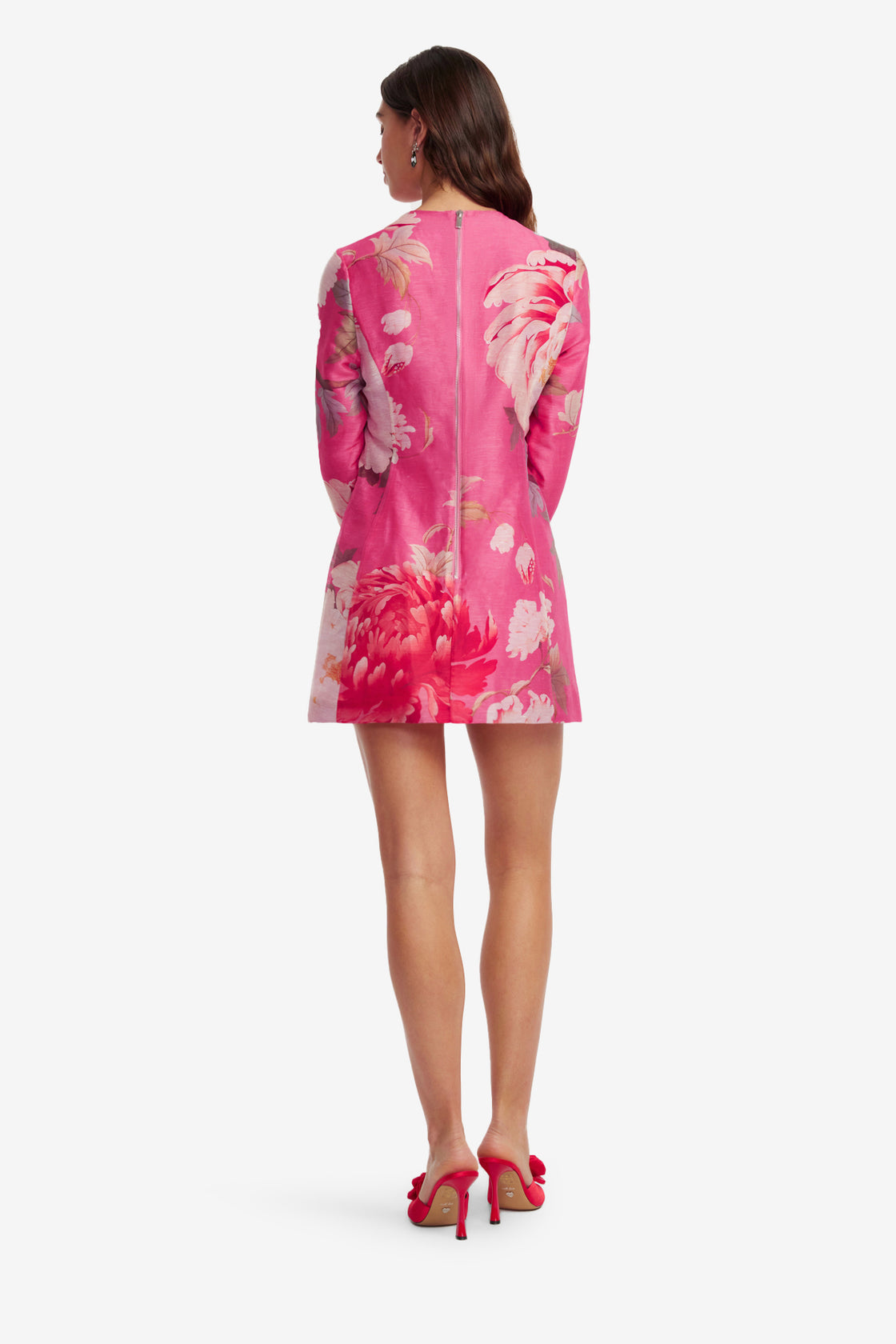 Exclusive LEO LIN Aliza Long Sleeve Mini Dress - Peony Print in Fuchsia