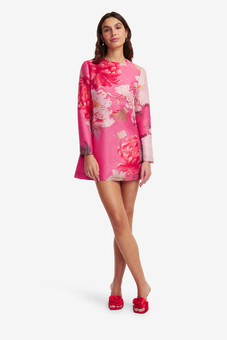 Exclusive LEO LIN Aliza Long Sleeve Mini Dress - Peony Print in Fuchsia