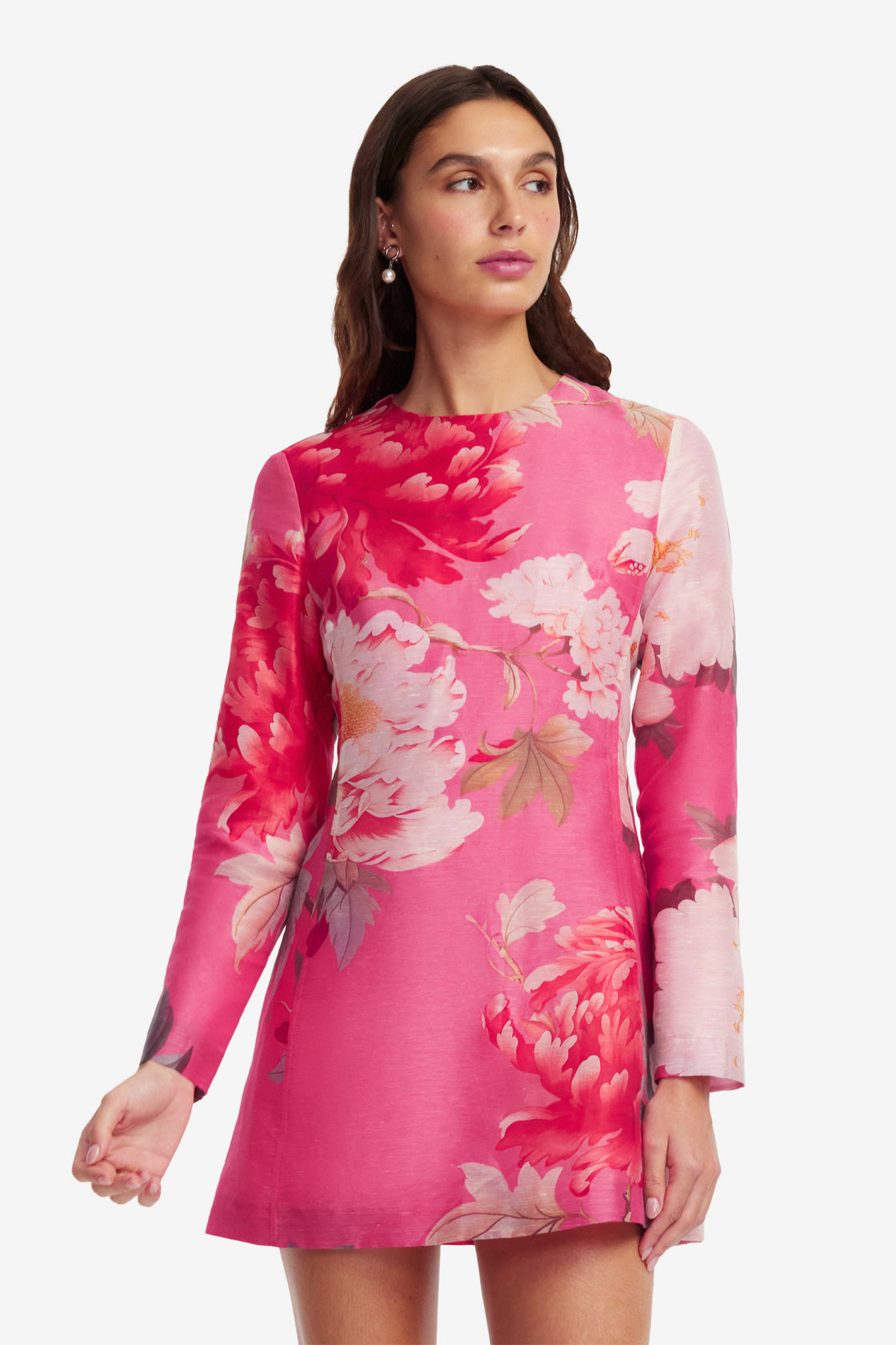 Exclusive LEO LIN Aliza Long Sleeve Mini Dress - Peony Print in Fuchsia