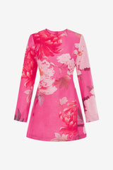 Aliza Long Sleeve Mini Dress - Peony Print in Fuchsia Dress Mini