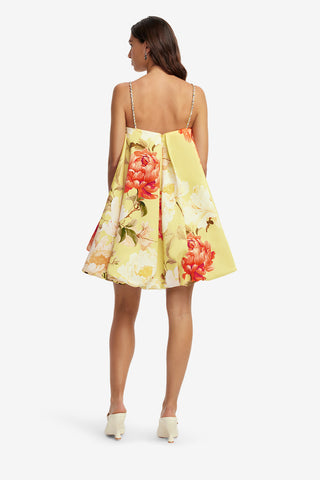 Exclusive LEO LIN Patsy Embellished Puff Mini Dress - Peony Print in Yellow