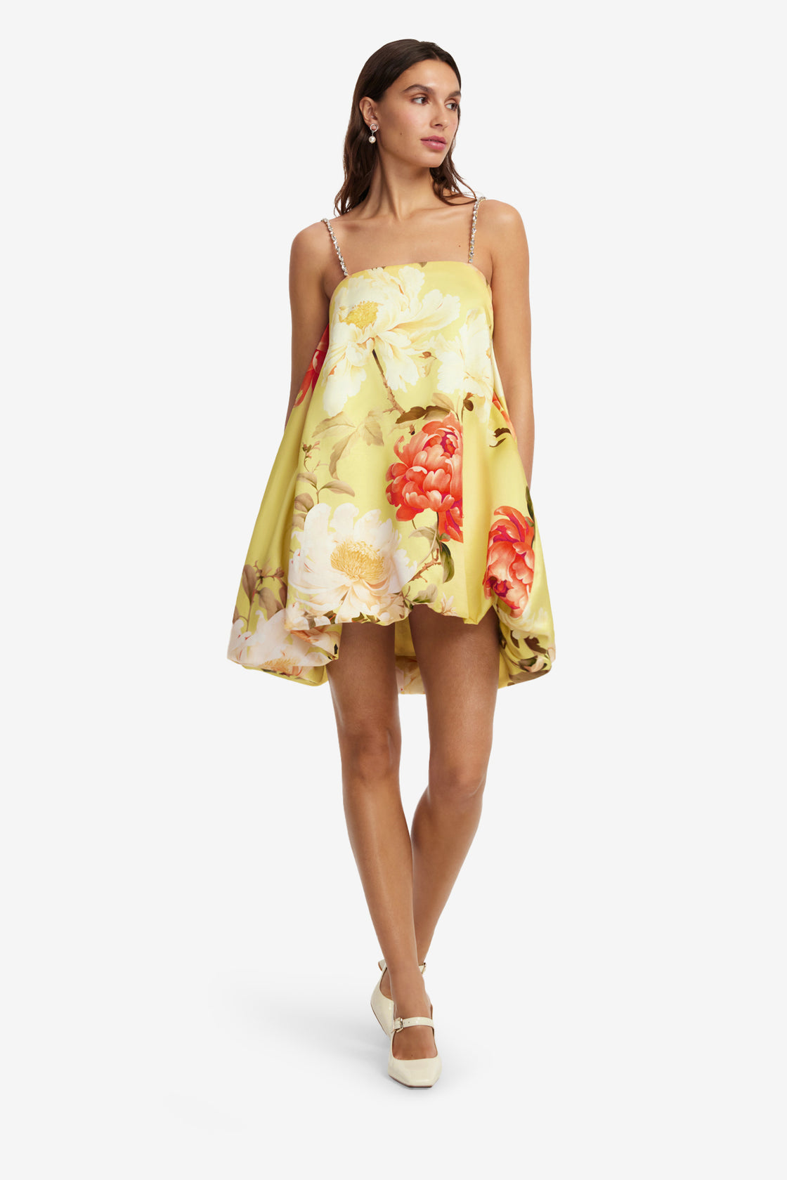 Patsy Embellished Puff Mini Dress - Peony Print in Yellow LEO LIN Patsy Embellished Puff Mini Dress - Peony Print in Yellow LEO LIN