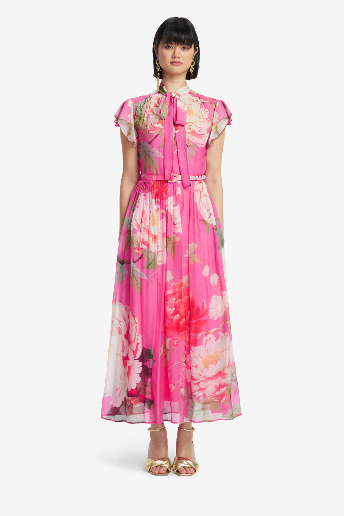 Exclusive LEO LIN Exclusive LEO LIN Grace Flutter Sleeve Midi Dress - Peony Print in Fuchsia