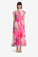 Grace Flutter Sleeve Midi Dress - Peony Print in Fuchsia Dress Midi