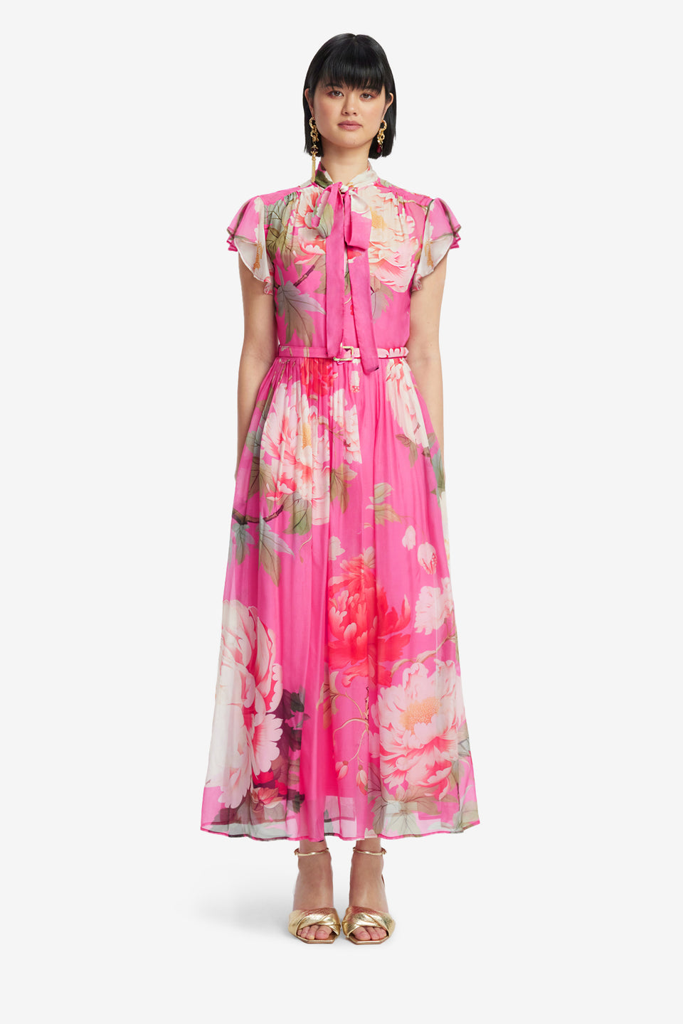 Exclusive LEO LIN Exclusive LEO LIN Grace Flutter Sleeve Midi Dress - Peony Print in Fuchsia