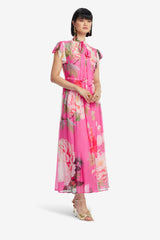 Grace Flutter Sleeve Midi Dress - Peony Print in Fuchsia Dress Midi