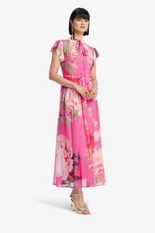 Exclusive LEO LIN Exclusive LEO LIN Grace Flutter Sleeve Midi Dress - Peony Print in Fuchsia