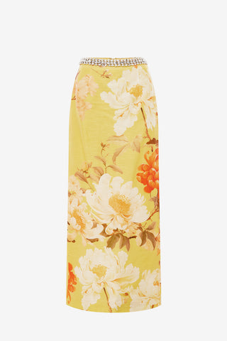 Exclusive LEO LIN Kyra Embellished Maxi Skirt - Peony Print in Yellow