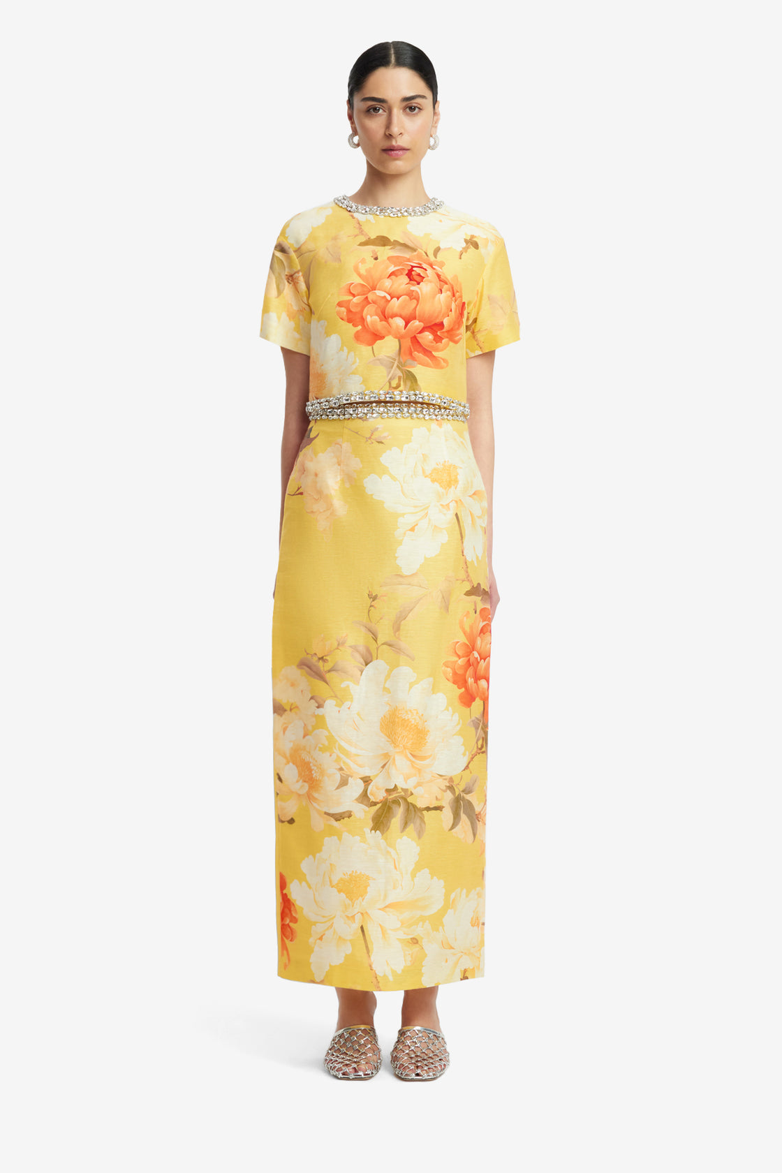 Exclusive LEO LIN Kyra Embellished Maxi Skirt - Peony Print in Yellow