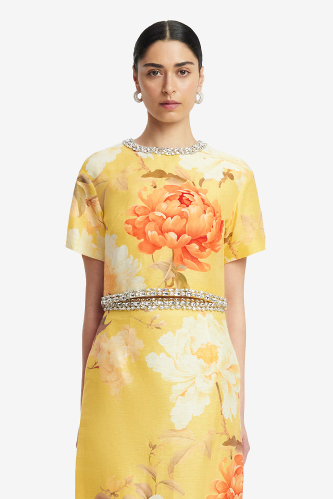 Exclusive LEO LIN Indie Embellished Sleeve Top - Peony Print in Yellow