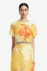 Indie Embellished Sleeve Top - Peony Print in Yellow Tops