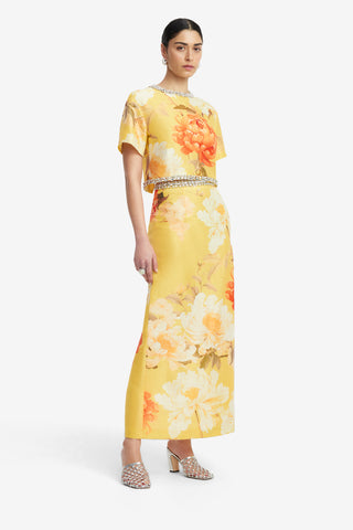 Exclusive LEO LIN Kyra Embellished Maxi Skirt - Peony Print in Yellow