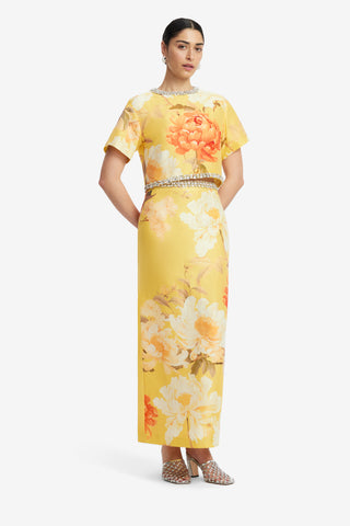Exclusive LEO LIN Kyra Embellished Maxi Skirt - Peony Print in Yellow