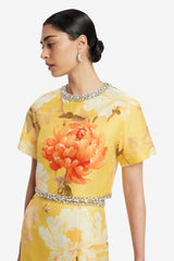 Indie Embellished Sleeve Top - Peony Print in Yellow Tops