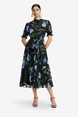 Ellie Bishop Sleeve Midi Dress - Vine Print in Ebony Dress Midi