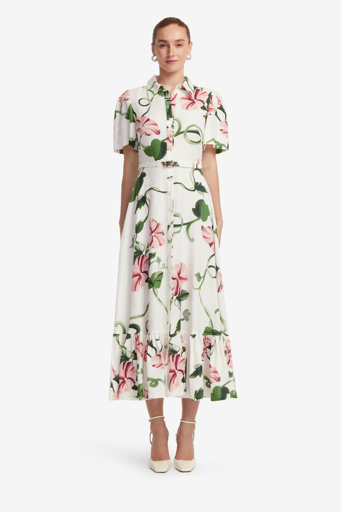 Exclusive LEO LIN Becca Short Sleeve Midi Dress  - Vine Print in Snow