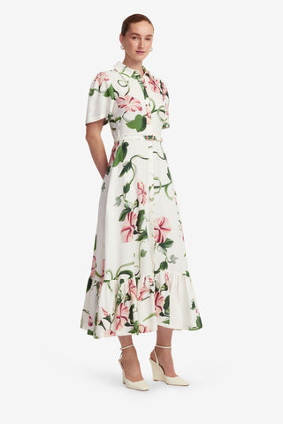 Exclusive LEO LIN Becca Short Sleeve Midi Dress  - Vine Print in Snow