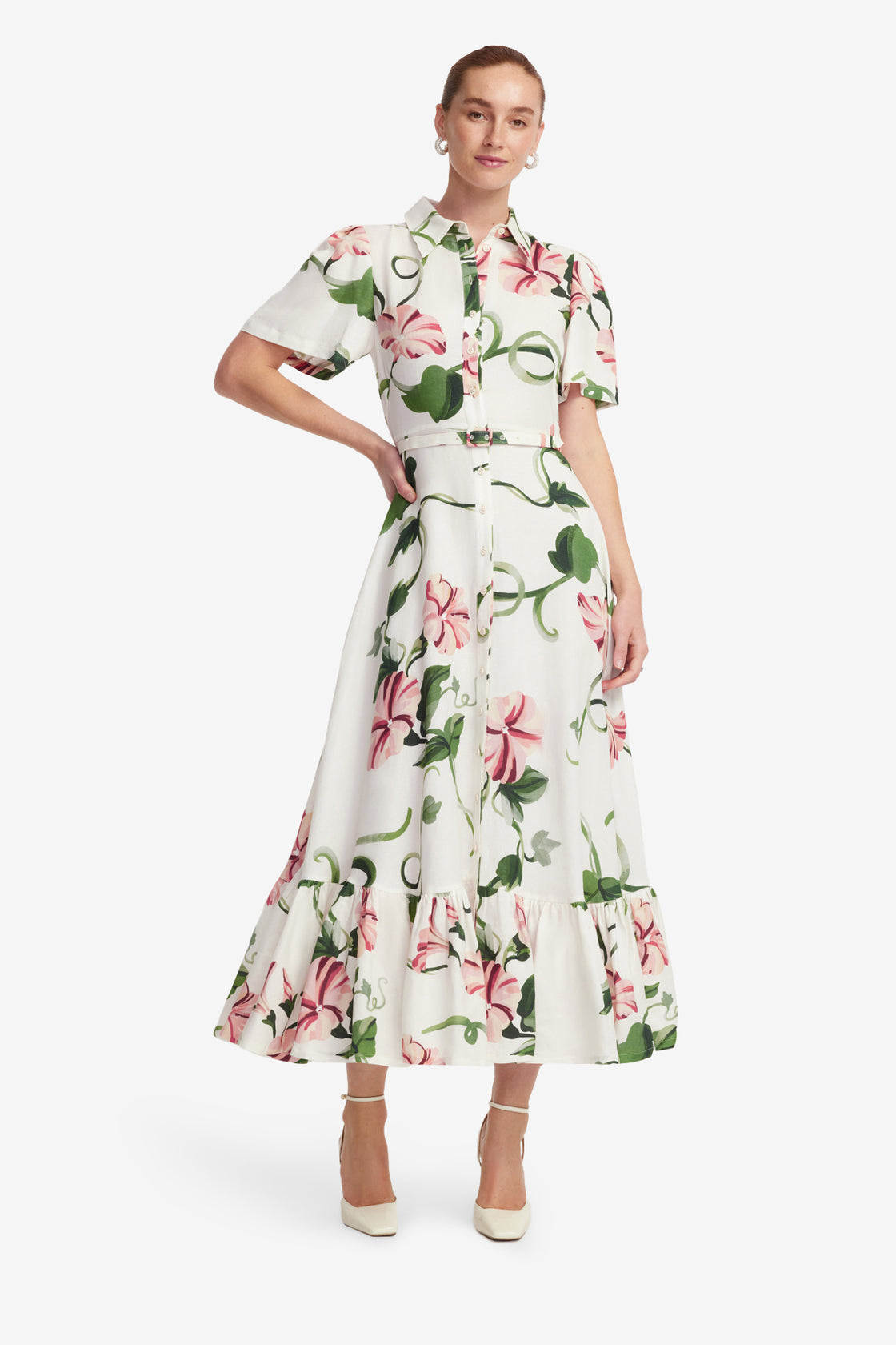 Exclusive LEO LIN Becca Short Sleeve Midi Dress  - Vine Print in Snow