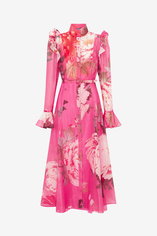 Exclusive LEO LIN Katrina Butterfly Sleeve Midi Dress - Peony Print in Fuchsia