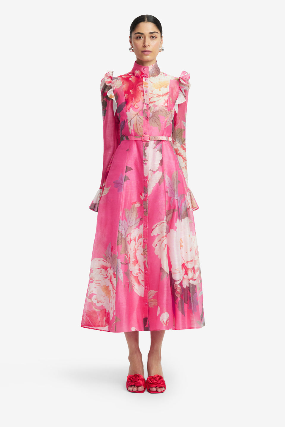 Exclusive LEO LIN Katrina Butterfly Sleeve Midi Dress - Peony Print in Fuchsia