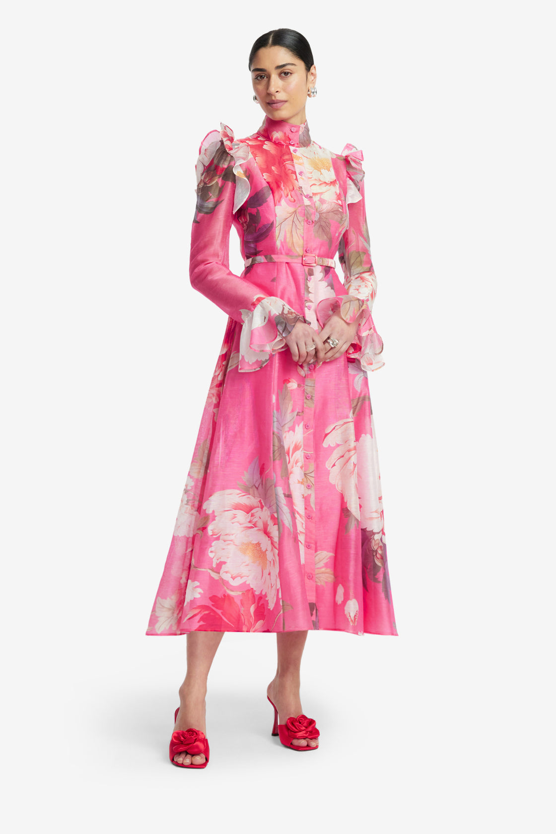 Exclusive LEO LIN Katrina Butterfly Sleeve Midi Dress - Peony Print in Fuchsia
