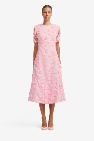 lucuna - short-sleeve lace-overlay floral midi a-line dress Lucuna - Short-Sleeve V-Neck Floral Midi A-Line Dress