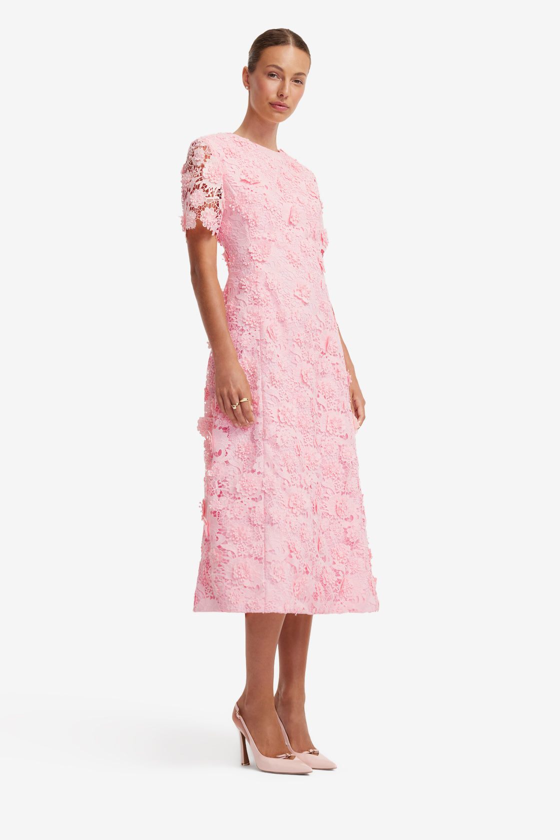 lucuna - short-sleeve lace-overlay floral midi a-line dress Lucuna - Short-Sleeve Floral Lace-Overlay Midi A-Line Dress