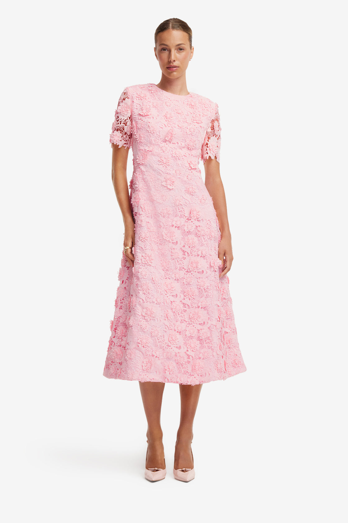 Caroline Lace Short Sleeves Midi Dress - Blush Pink LEO LIN Caroline Lace Short Sleeves Midi Dress - Blush Pink LEO LIN