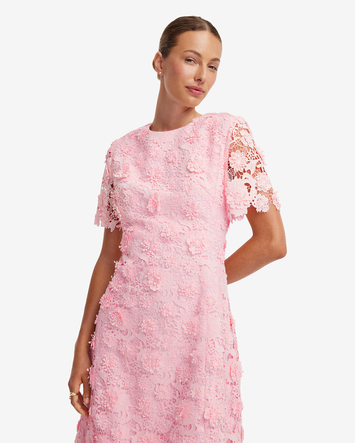 pink lace dress midi Caroline Lace Short Sleeves Midi Dress
