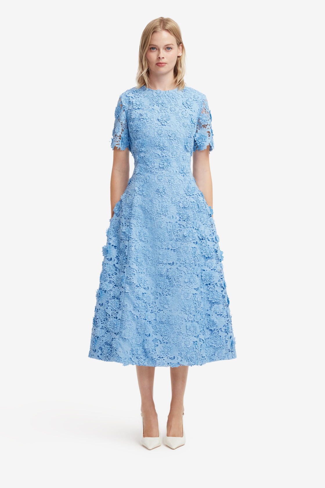 Caroline Lace Short Sleeves Midi Dress - Pastel Blue LEO LIN Caroline Lace Short Sleeves Midi Dress - Pastel Blue LEO LIN