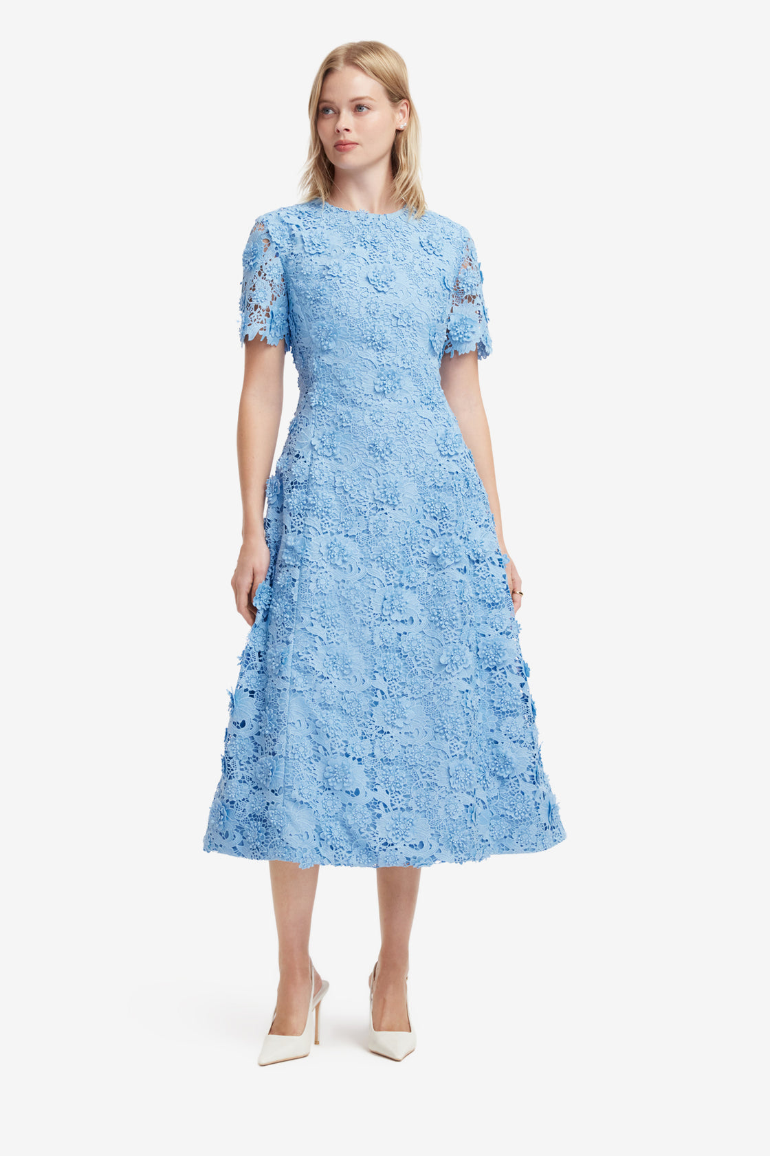 Exclusive LEO LIN Caroline Lace Short Sleeves Midi Dress - Pastel Blue