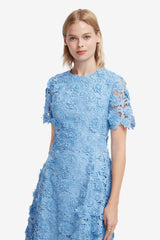 Caroline Lace Short Sleeves Midi Dress - Pastel Blue Dress Midi