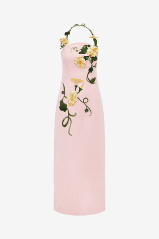 Exclusive LEO LIN Ava Halterneck Appliqué Floral Bustier Maxi Dress - Vine Print in Pink