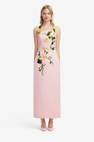 Exclusive LEO LIN Ava Halterneck Appliqué Floral Bustier Maxi Dress - Vine Print in Pink