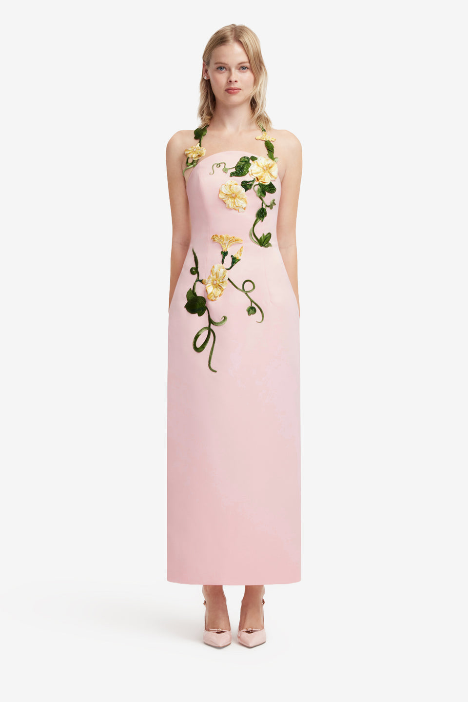 Exclusive LEO LIN Ava Halterneck Appliqué Floral Bustier Maxi Dress - Vine Print in Pink