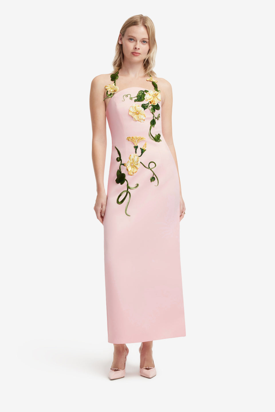 Exclusive LEO LIN Ava Halterneck Appliqué Floral Bustier Maxi Dress - Vine Print in Pink