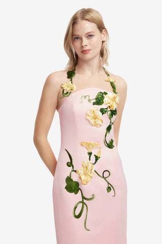 Exclusive LEO LIN Ava Halterneck Appliqué Floral Bustier Maxi Dress - Vine Print in Pink
