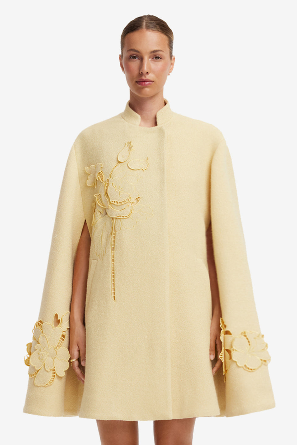 Sloane Applique Tweed Cape Jacket - Dusty Yellow Coats
