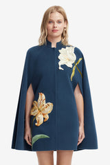 Sloane Embroidered Wool Cape Jacket - Lily Print in Indigo Coats