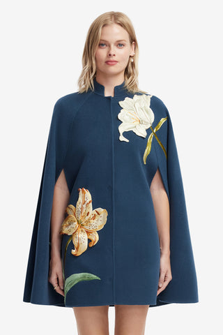 Sloane Embroidered Wool Cape Jacket - Lily Print in Indigo Coats