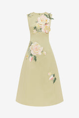 Cleo Embroidered Sleeveless Midi Dress - Pistachio Rose Print Dress Midi