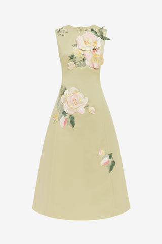 Cleo Embroidered Sleeveless Midi Dress - Pistachio Rose Print Dress Midi
