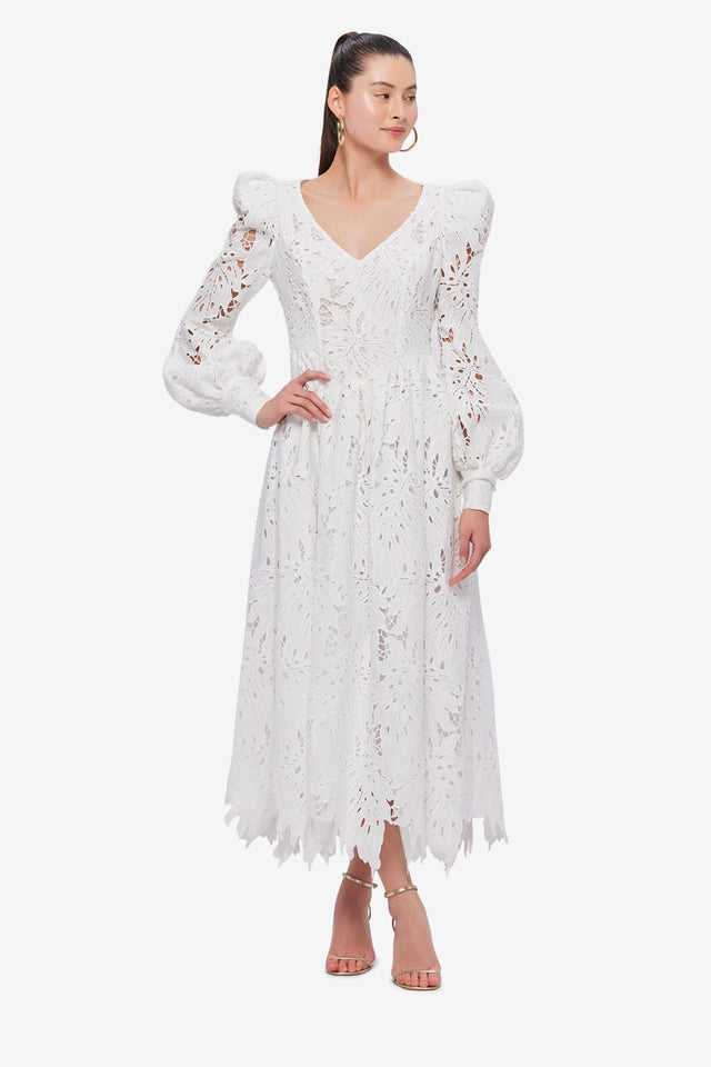 Exclusive LEO LIN Lilah Lace Structured Shoulder V Neck Dress - Snow
