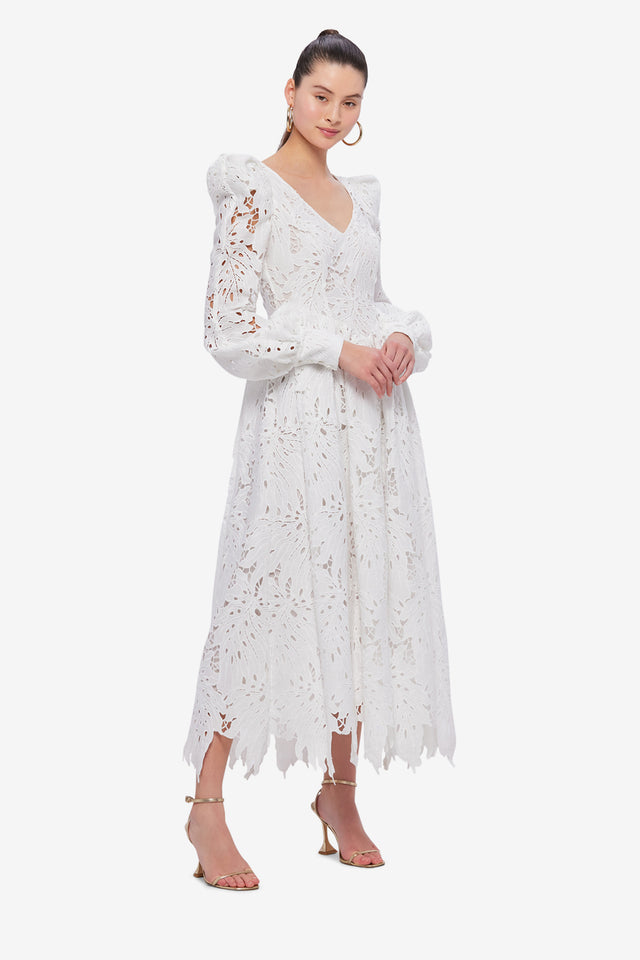 Exclusive LEO LIN Lilah Lace Structured Shoulder V Neck Dress - Snow