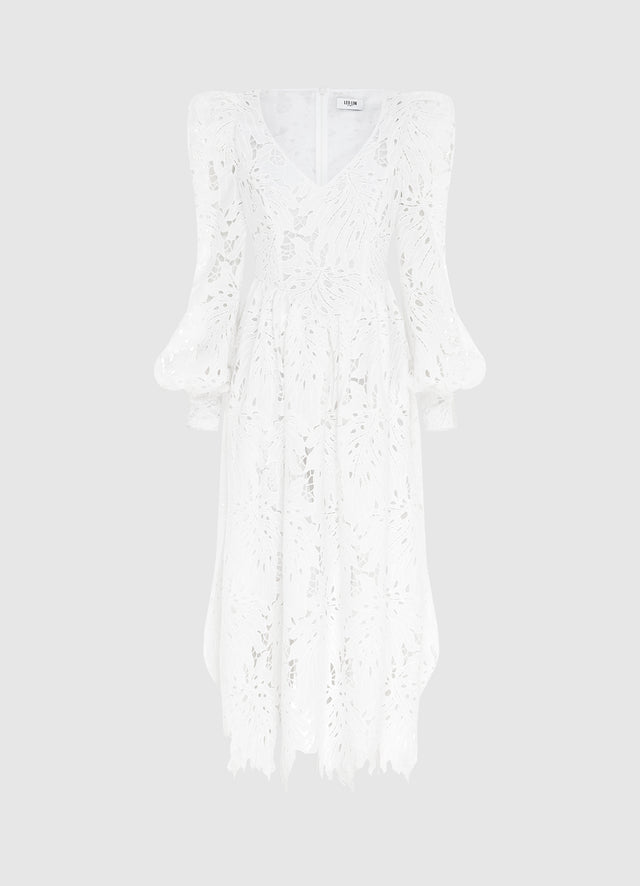 Exclusive Leo Lin Lilah Lace Structured Shoulder V Neck Dress in Snow