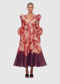 Exclusive Leo Lin Lilah Structured Shoulder V Neck Dress in Adorn Print in Passion