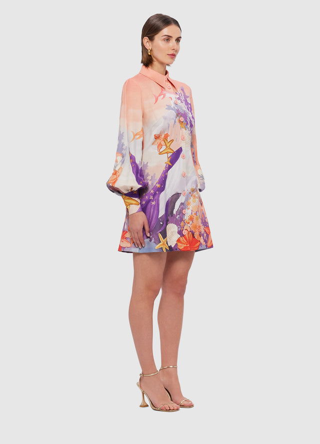 Exclusive Leo Lin Luminous Linen Mini Dress in Neptune Print in Coral 
