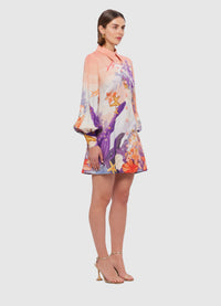 Exclusive Leo Lin Luminous Linen Mini Dress in Neptune Print in Coral