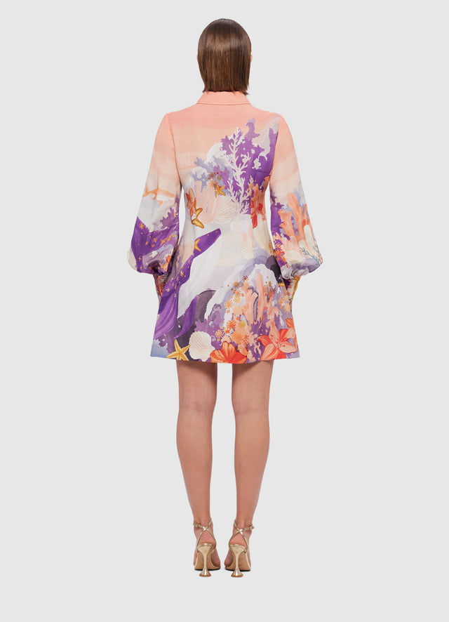 Exclusive Leo Lin Luminous Linen Mini Dress in Neptune Print in Coral 